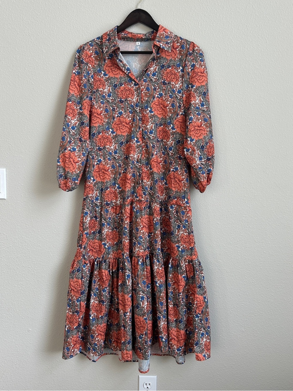SHEIN Rust Floral Midi Dress with Blue Accents